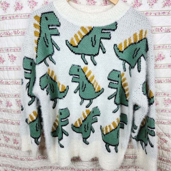 Novelty Dinosaur Pattern Sweater Knitted Pullover Green Yellow Whimsical Fun - Picture 1 of 9